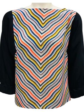 DRIES VAN NOTEN BLACK MULTI CHEVRON STRIPE SILK TOP